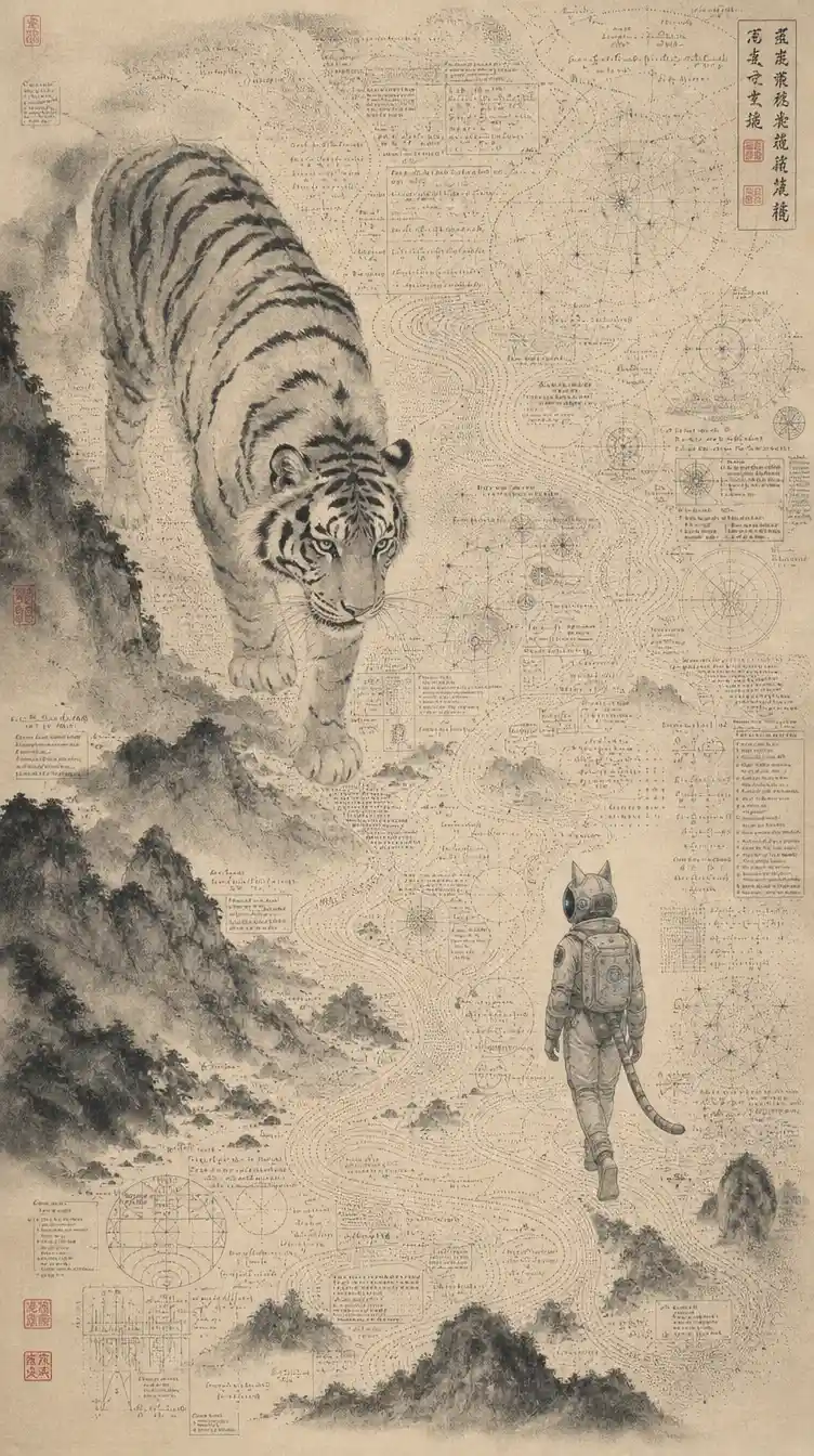 Pinselgemalter Tiger, der eine abstrakte, leere Landschaft durchquert