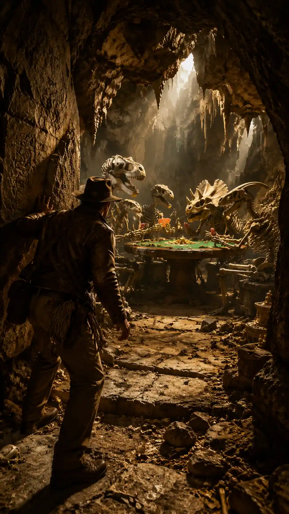 Explorador caminando por un pasaje subterráneo polvoriento