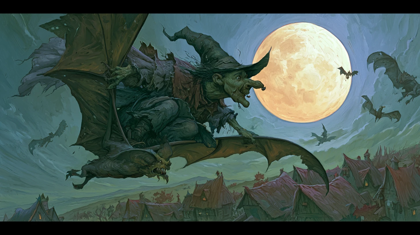 Bruja barroca volando sobre un pueblo en una brillante noche de luna llena