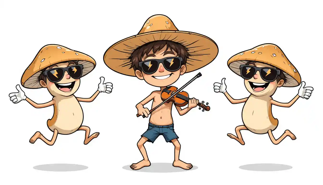 Niño alegre y divertidos amigos hongo tocando el violín juntos