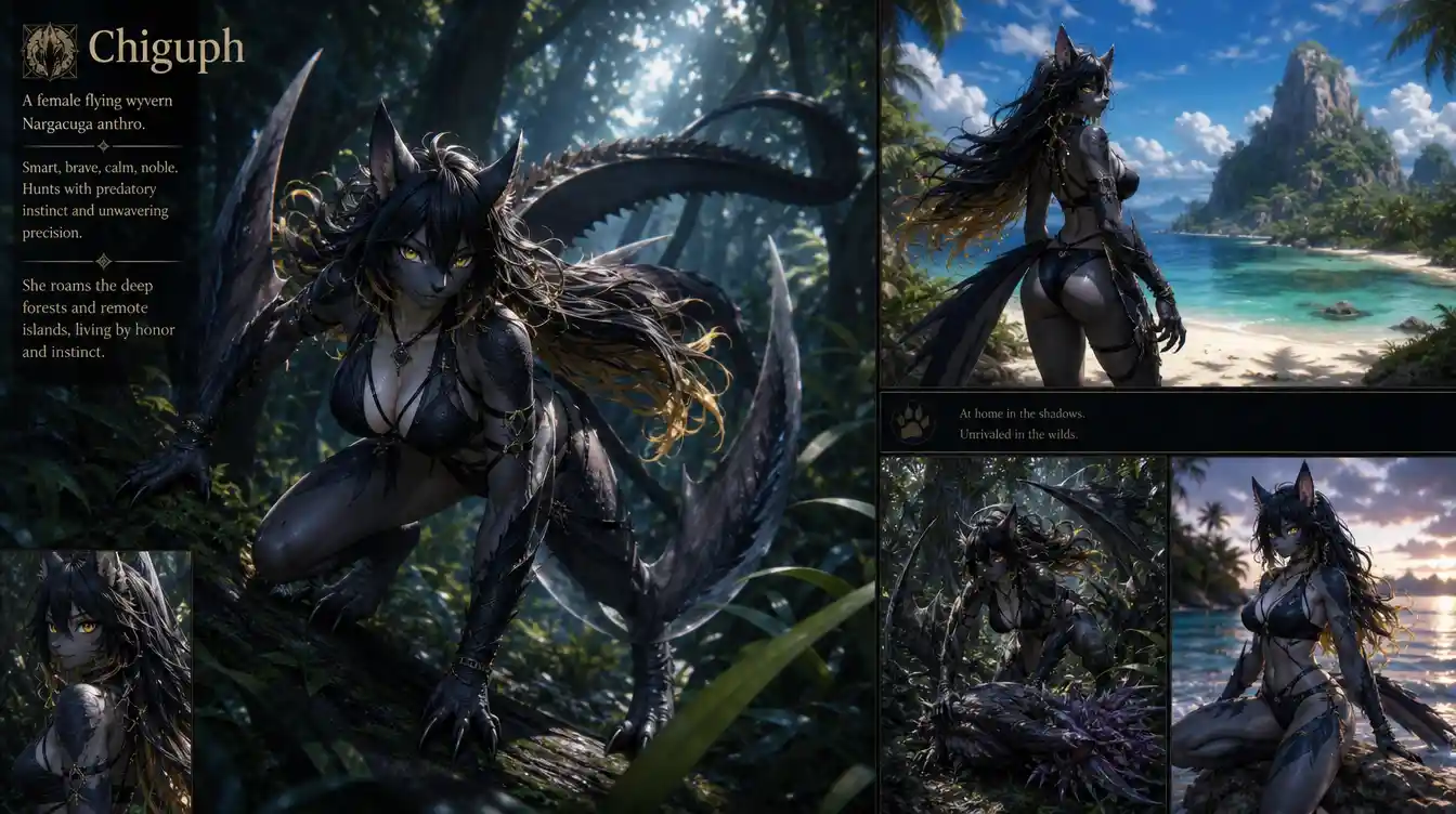 Mujer wyvern antropomorfa cazando en un bosque sombrío