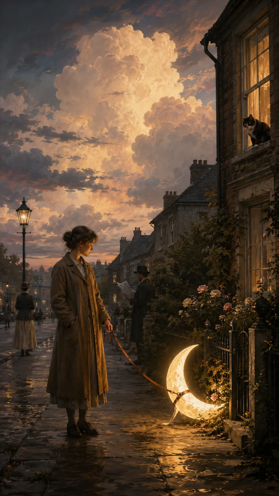 Mujer paseando una diminuta luna brillante por una calle tranquila