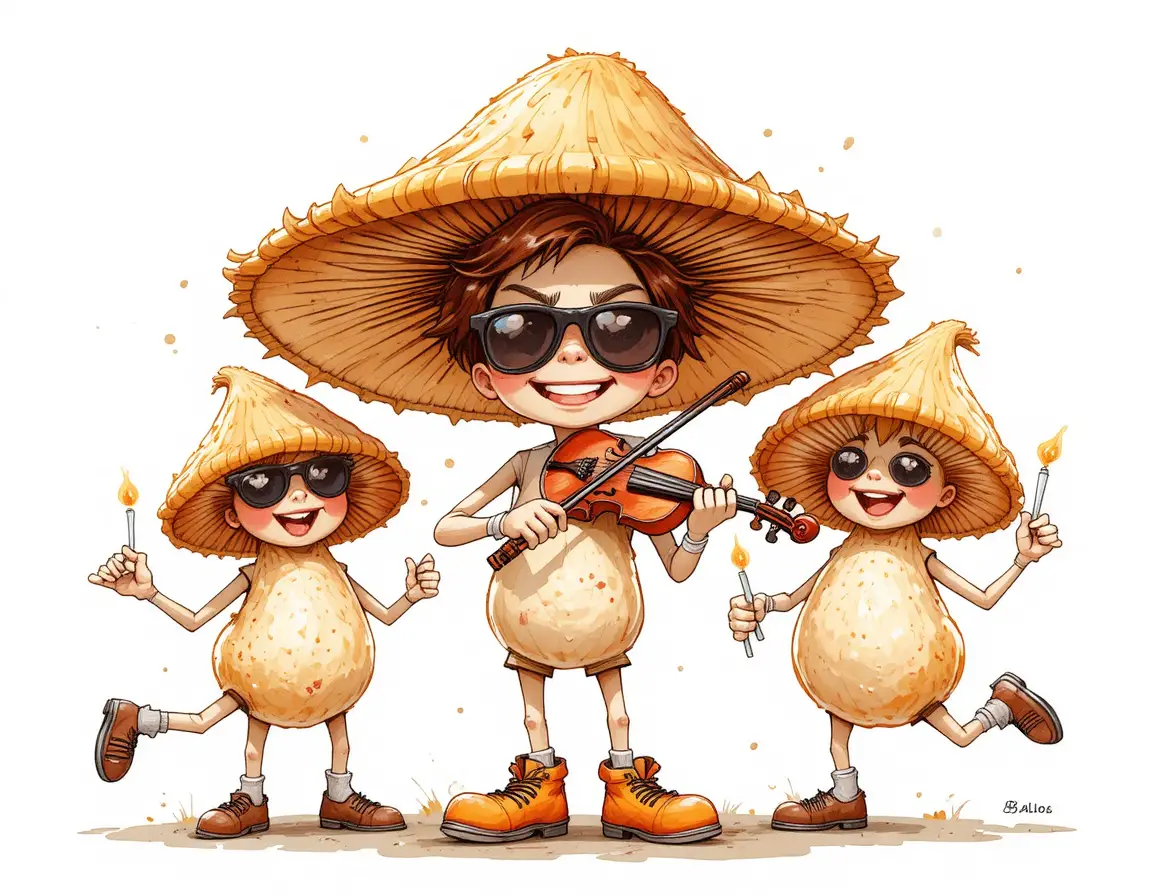 Joyful cartoon mushroom characters playing violin together
