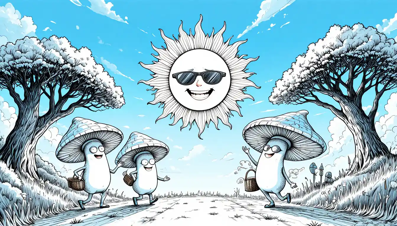 Cartoon sun on roller skates with cool dancing mushrooms