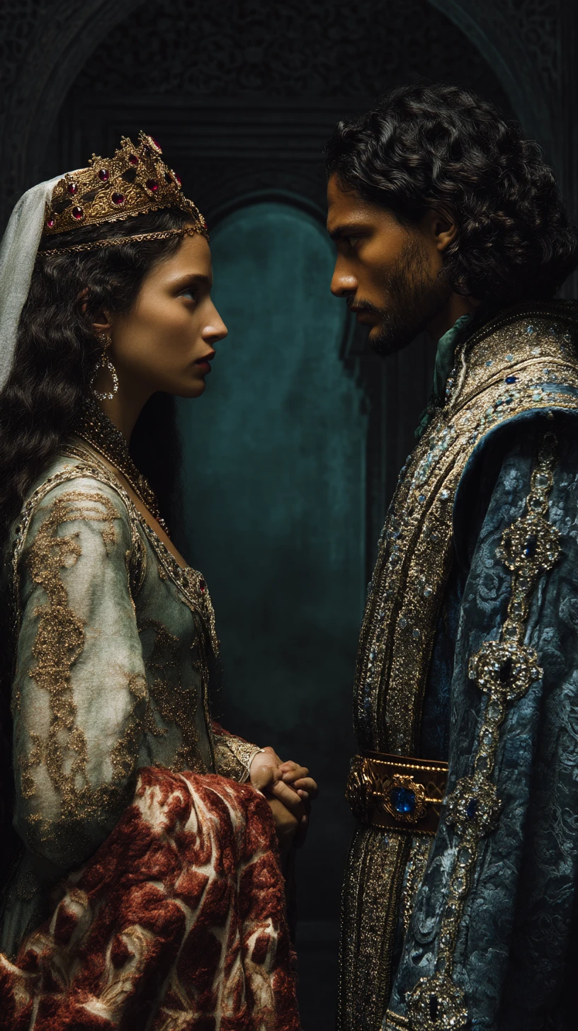 Pareja real extendiendo las manos en un oscuro pasillo del palacio