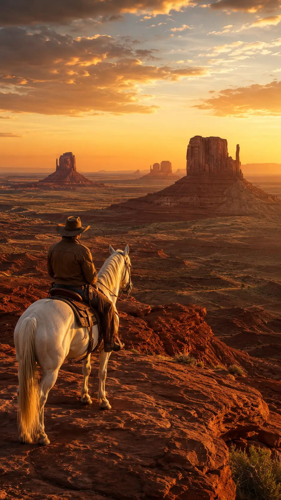 Vaquero a caballo blanco contemplando Monument Valley al atardecer