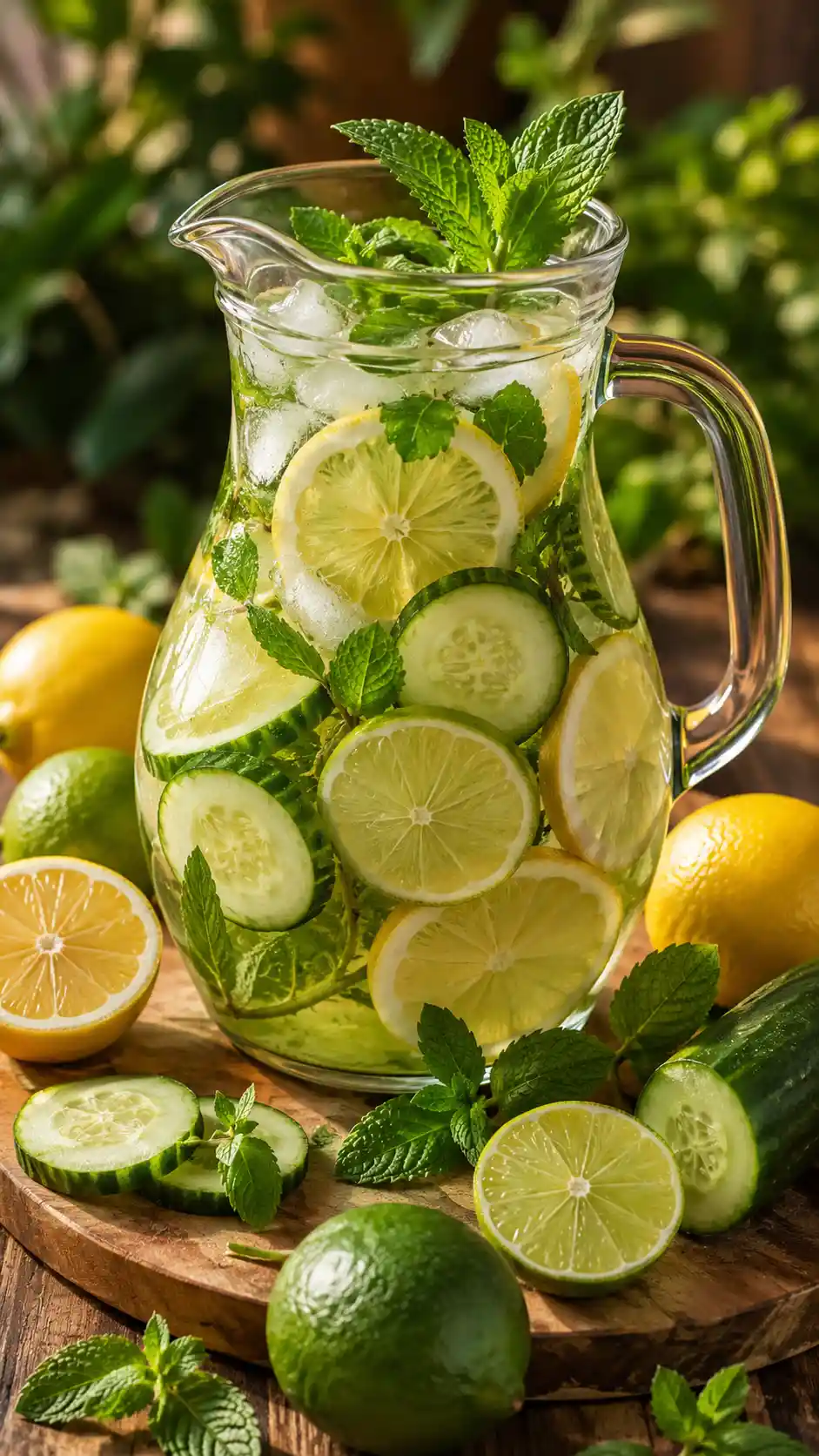 Primer plano de jarra con bebida de verano infusionada con cítricos y pepino