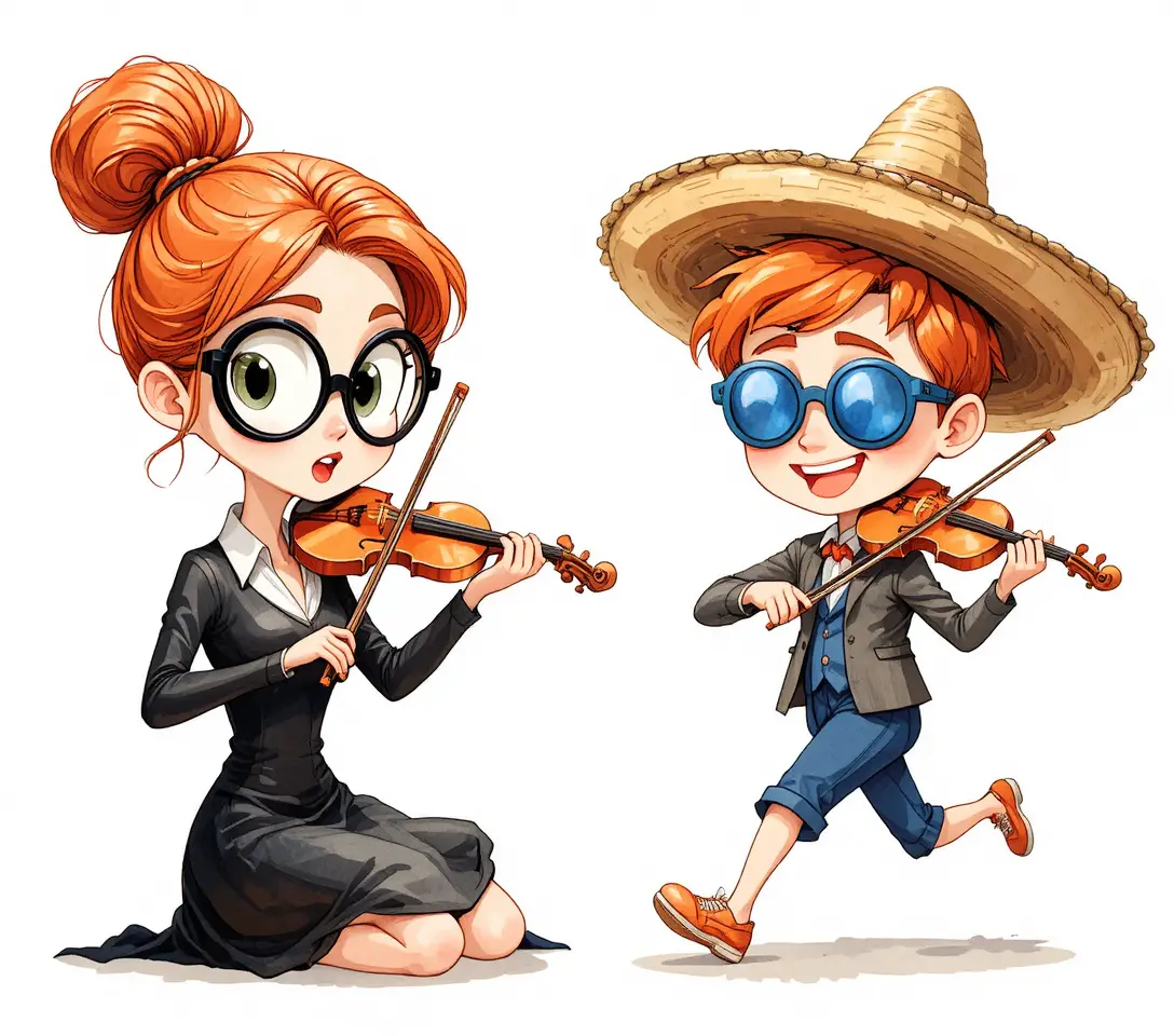 Músicos de dibujos animados tocando violines en una ilustración divertida