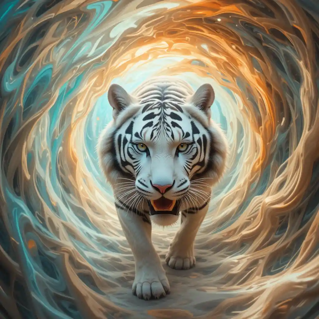 White tiger swirling through a luminous dimensional portal