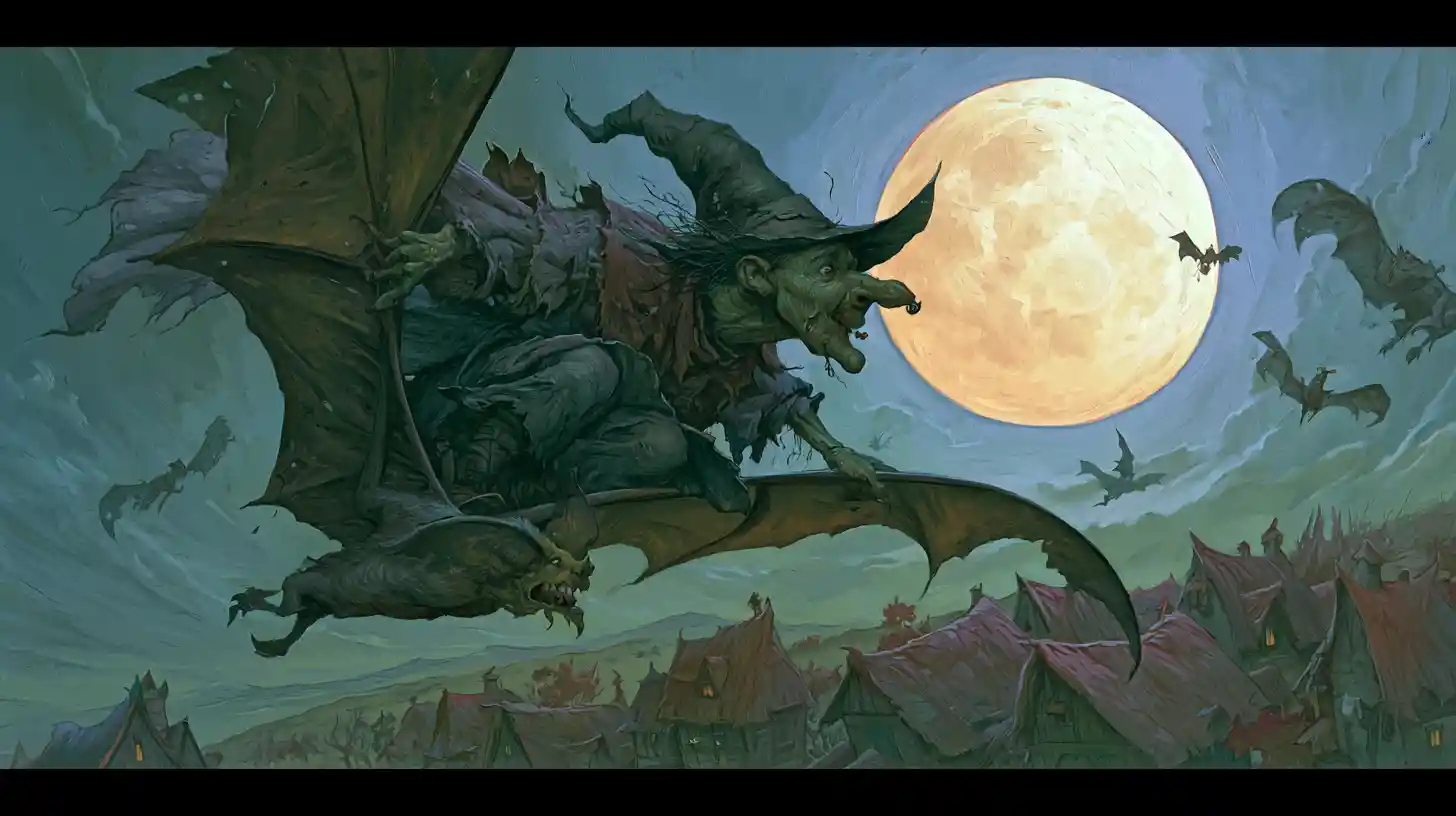 Bruja barroca volando sobre un pueblo en una brillante noche de luna llena