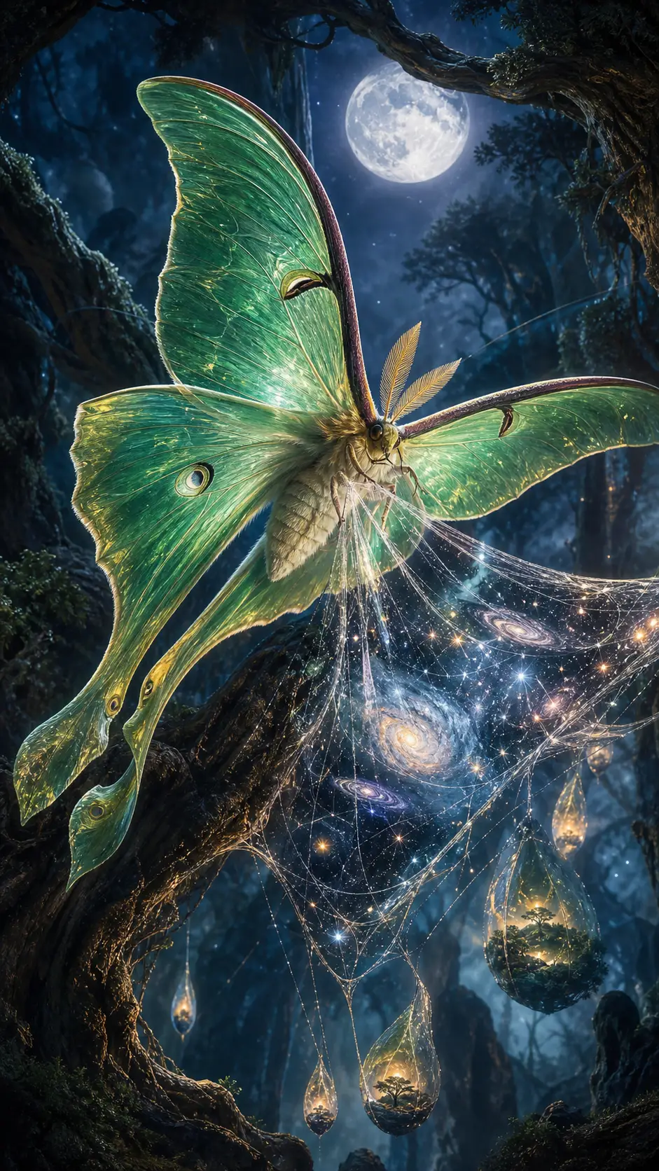 Luna moth weaving glowing dream silk in moonlit forest