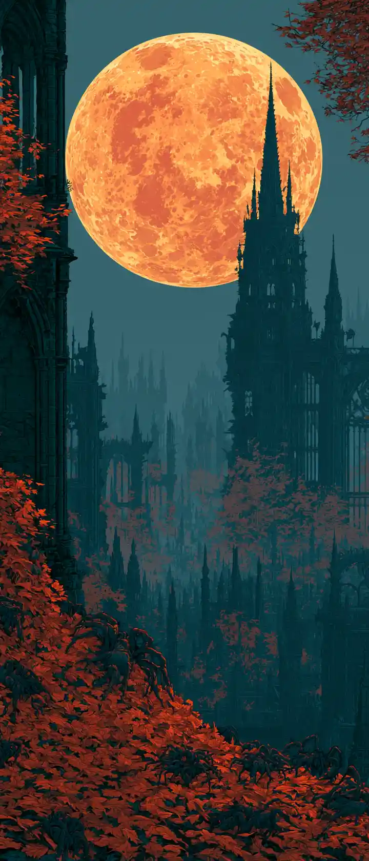 Dark orange moon above gothic ruins and spider city