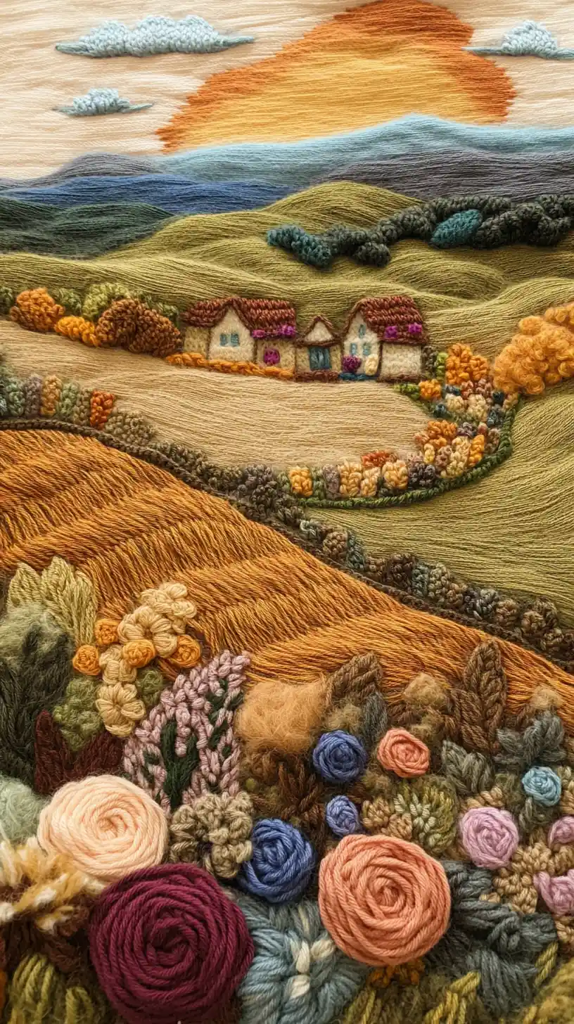 Crocheted countryside landscape with cottages and sunset sky