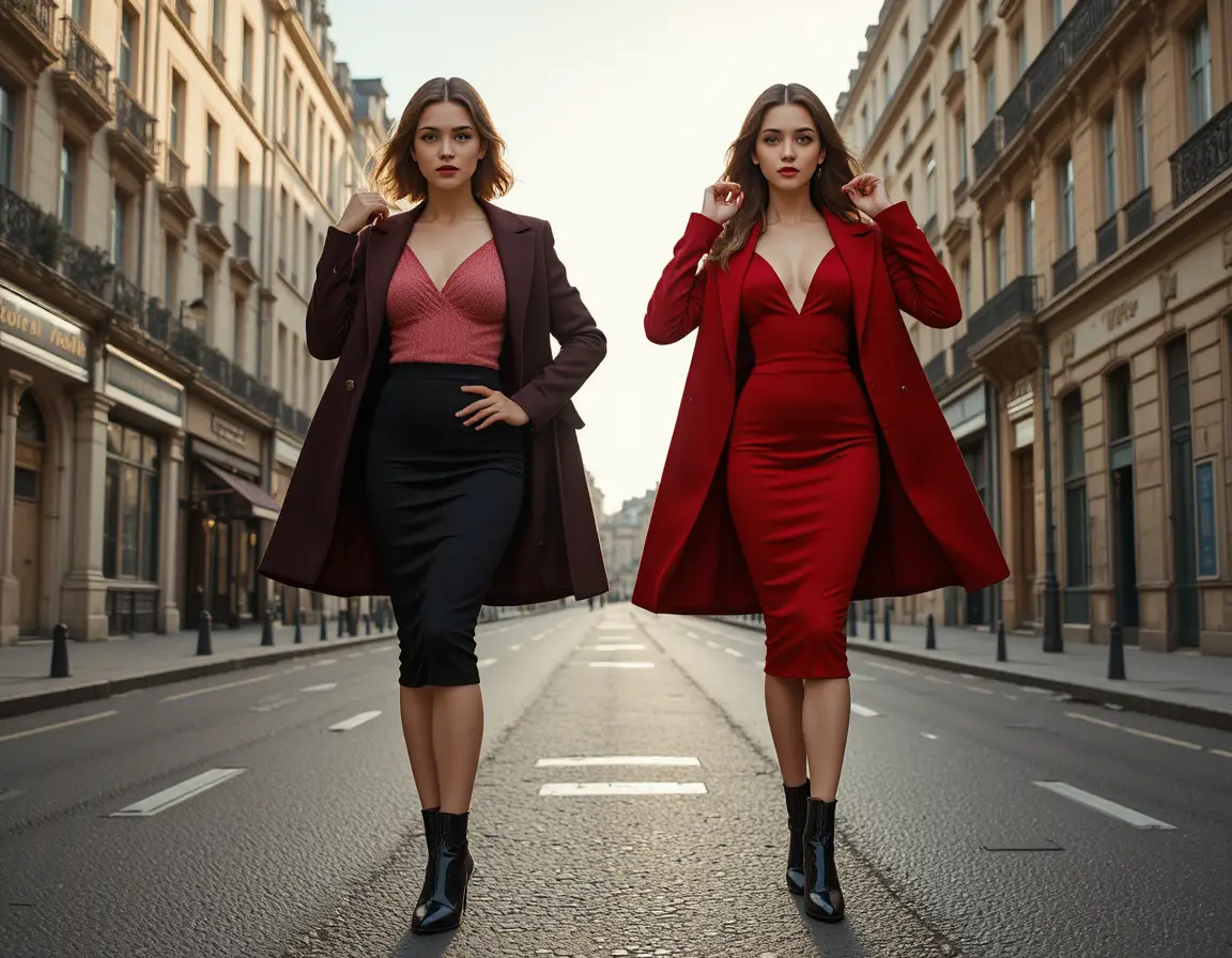 Dos mujeres elegantes en una calle parisina bañada por el sol