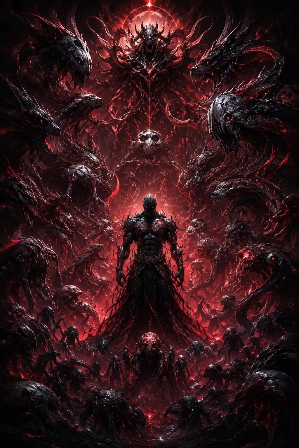 Dominant dark god surrounded by eldritch nightmare creatures