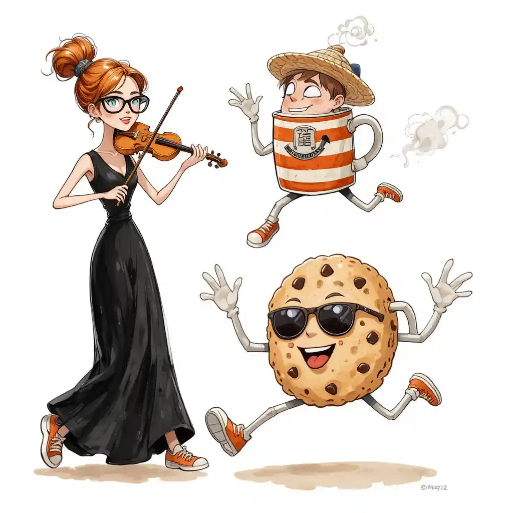 Cartoon woman playing violin with joyful cookie characters