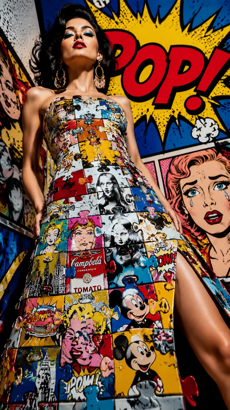 Mujer de moda vanguardista con vestido de piezas de rompecabezas