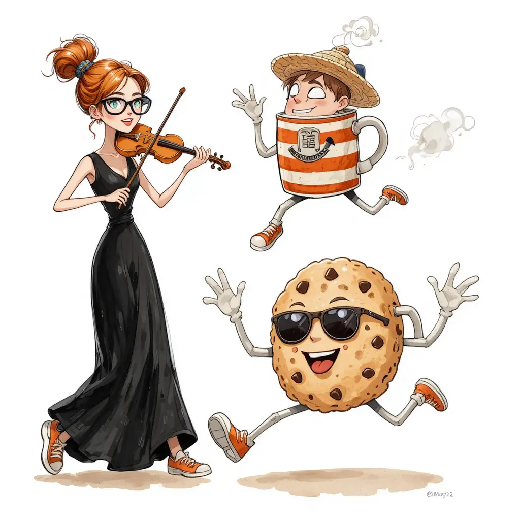 Femme cartoon jouant du violon avec de joyeux biscuits