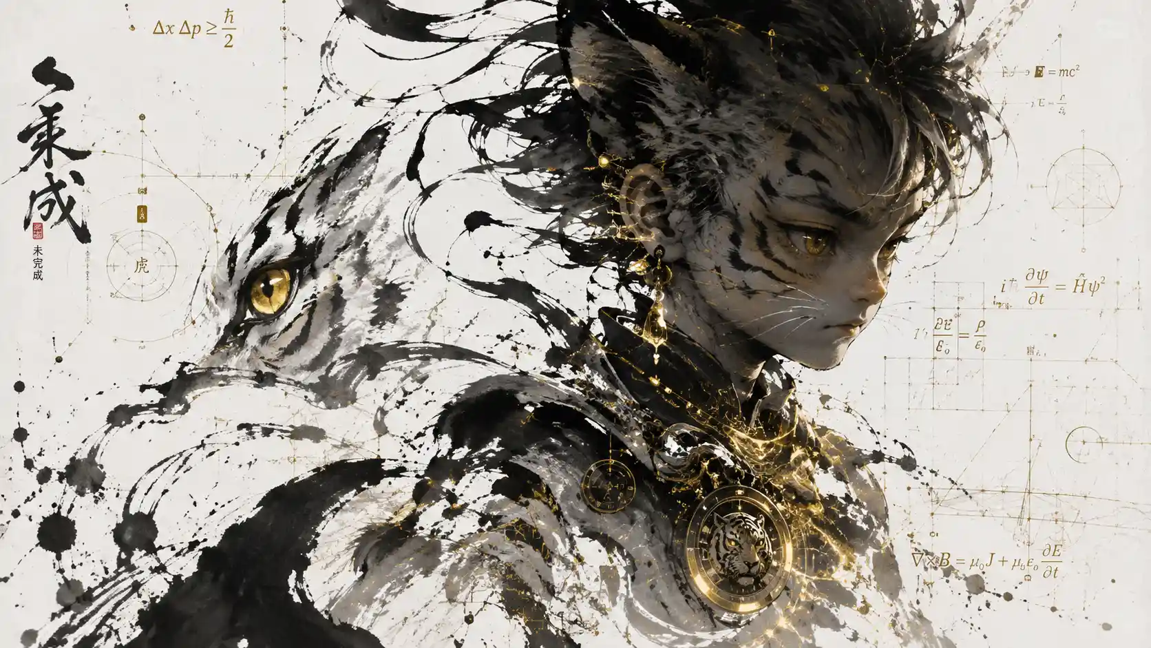 Futuristic feline child dissolving into expressive ink forms