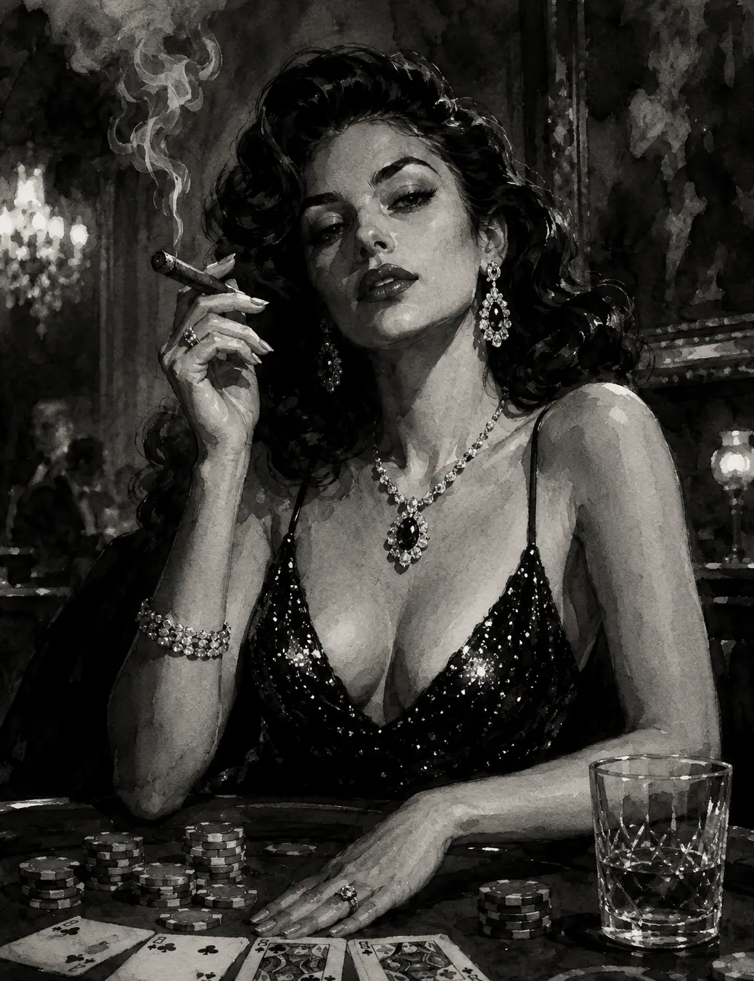 Mujer seductora con cigarro en una glamourosa mesa de casino