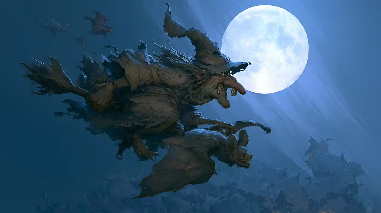 Anciana bruja verde volando sobre una aldea a la luz de la luna