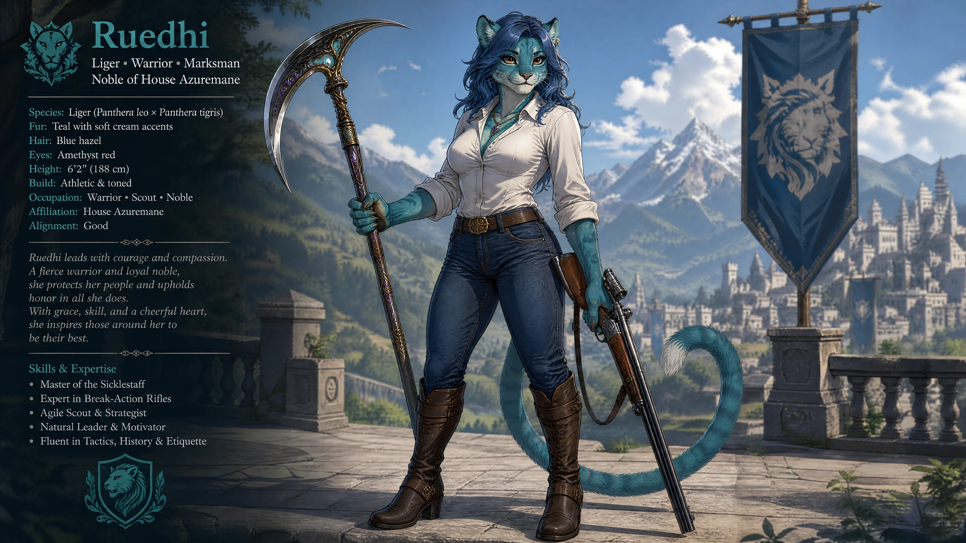 Brave teal fur fantasy woman with rifle and sickle staff