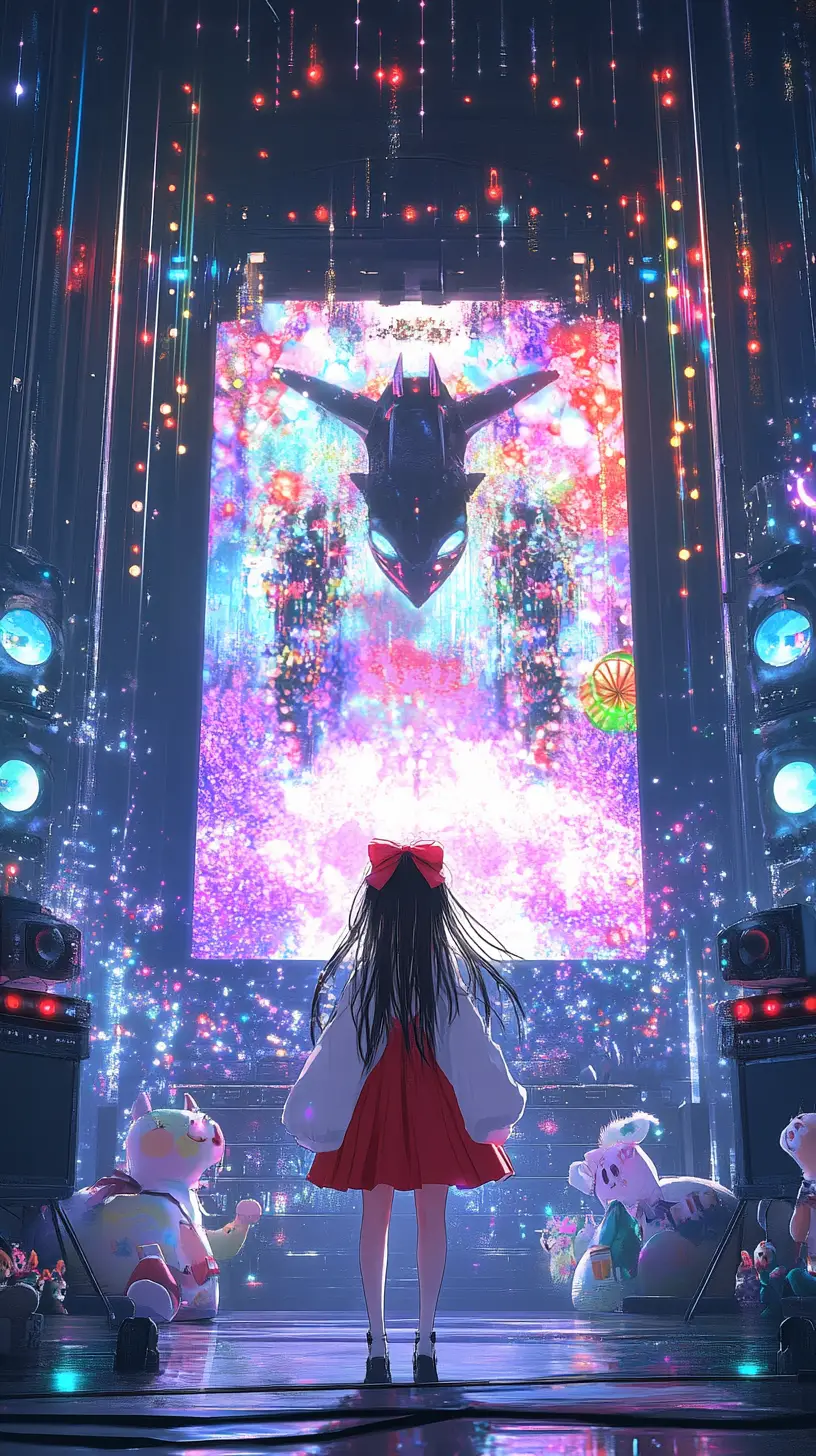 Anime girl singing on a futuristic concert stage