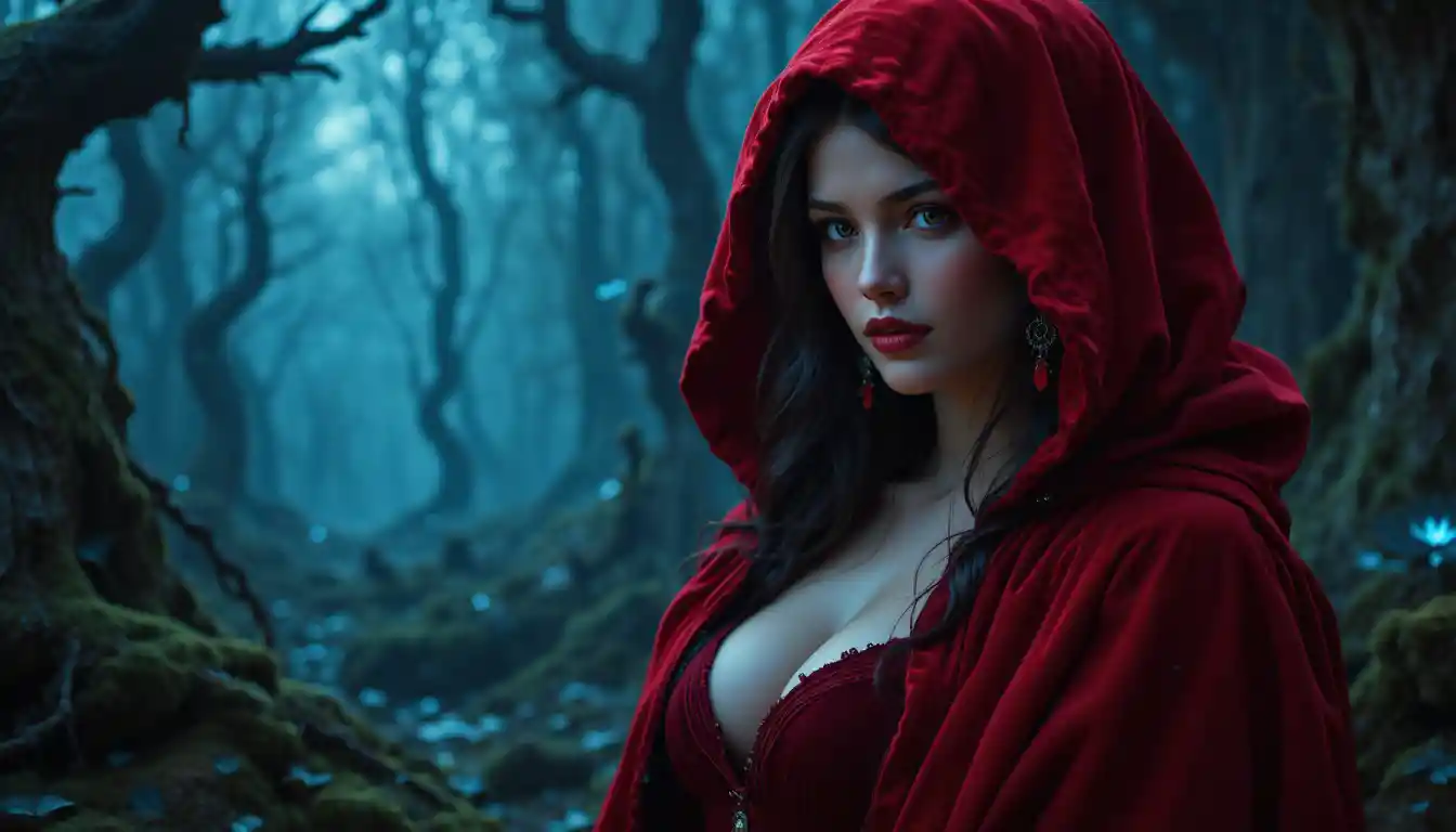 Mujer mística con capucha roja en un bosque de fantasía al crepúsculo