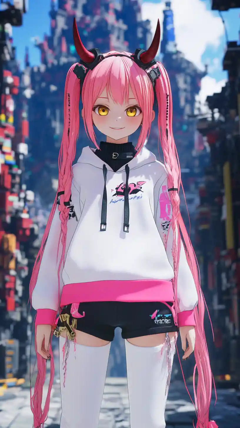 Lächelndes Anime-Mädchen mit Horn in einer fantastischen Lego-Welt