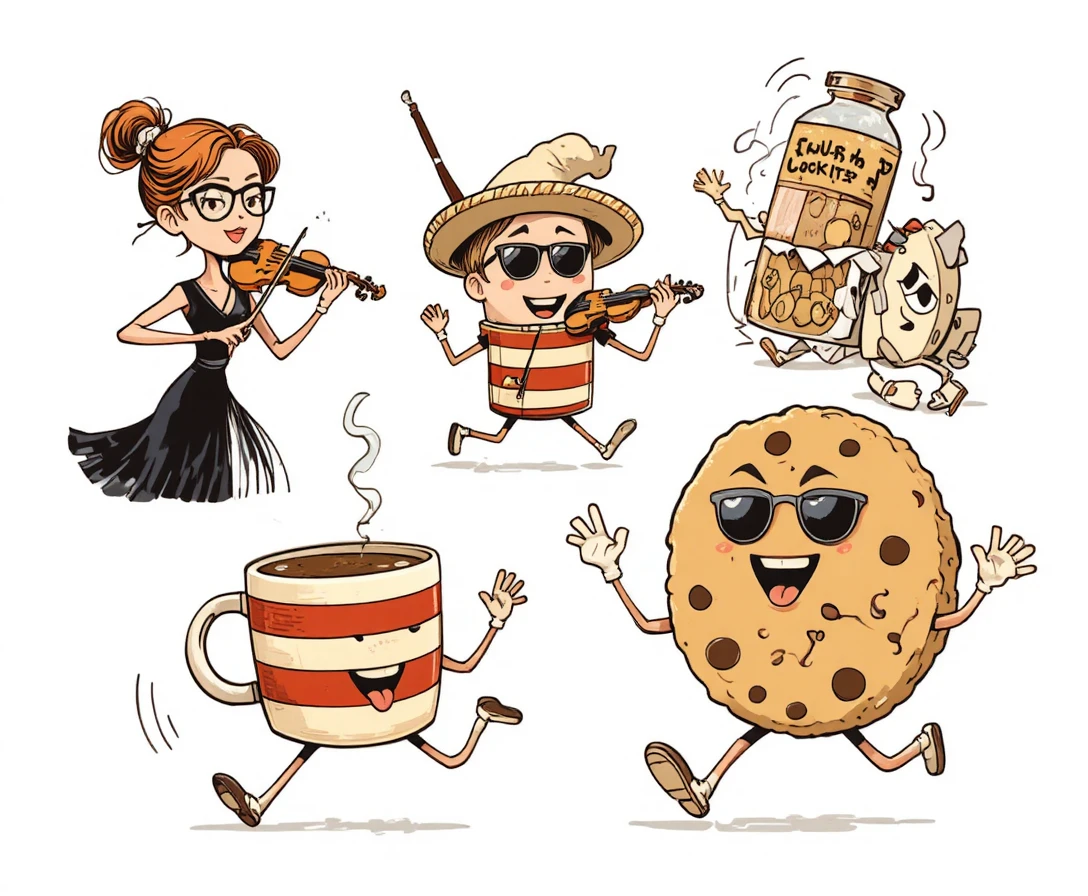 Mulher Tocando Violino ao Lado de Personagens de Comida em Desenho Animado