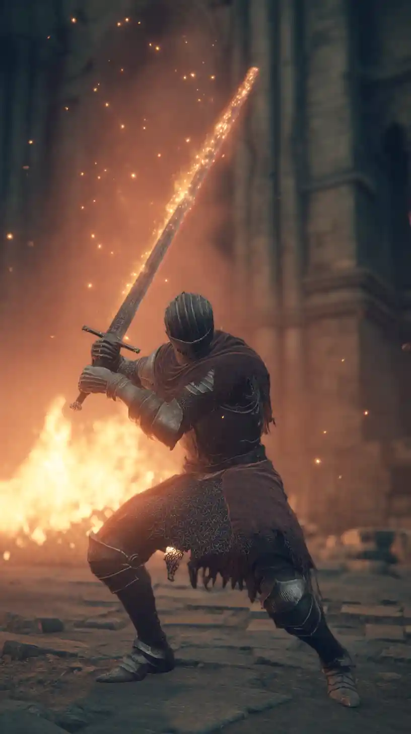 Armored knight swinging sword amid sparks and flames