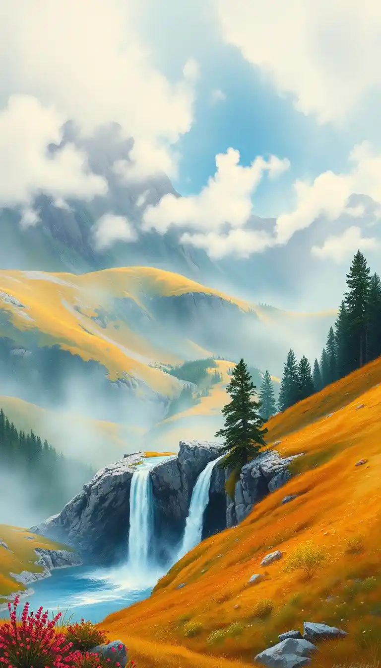 Peaceful watercolor mountains at dawn with misty lake