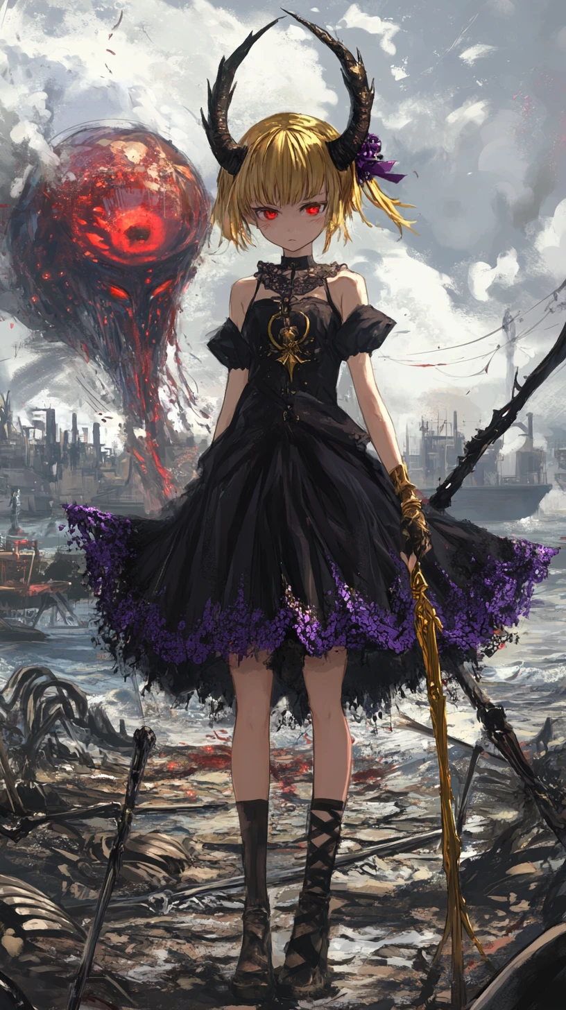Chica anime con vestido negro y cabello dorado recogido en moño