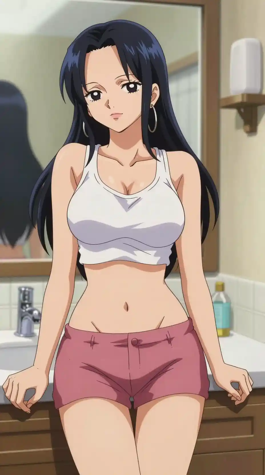 Anime woman in bathroom mirror wearing casual sleepwear
