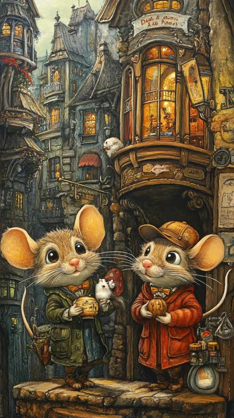 Personajes de ratón en dibujo animado explorando una colorida calle de la ciudad