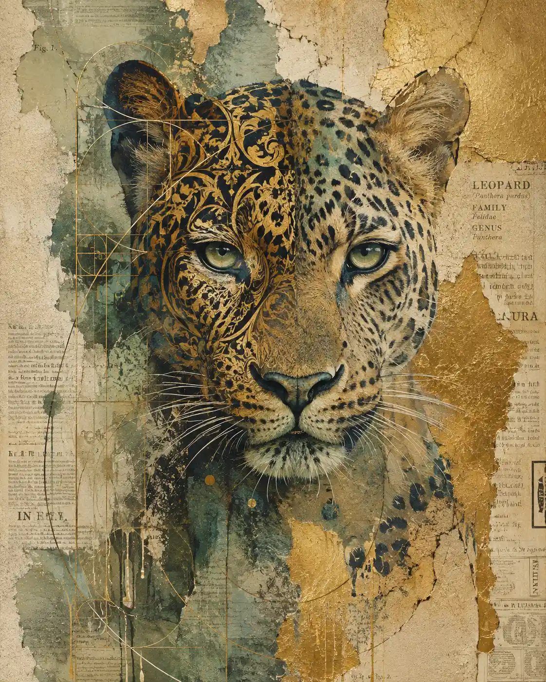 Leopard portrait in mixed media with abstract golden background