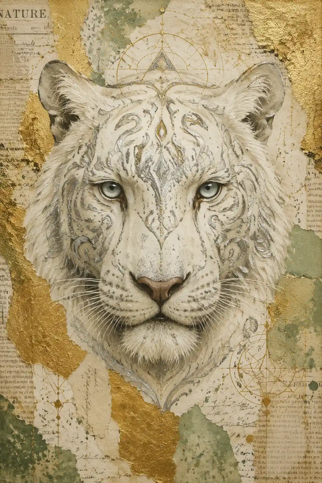 Rosto de tigre branco com padrões geométricos prateados em dourado