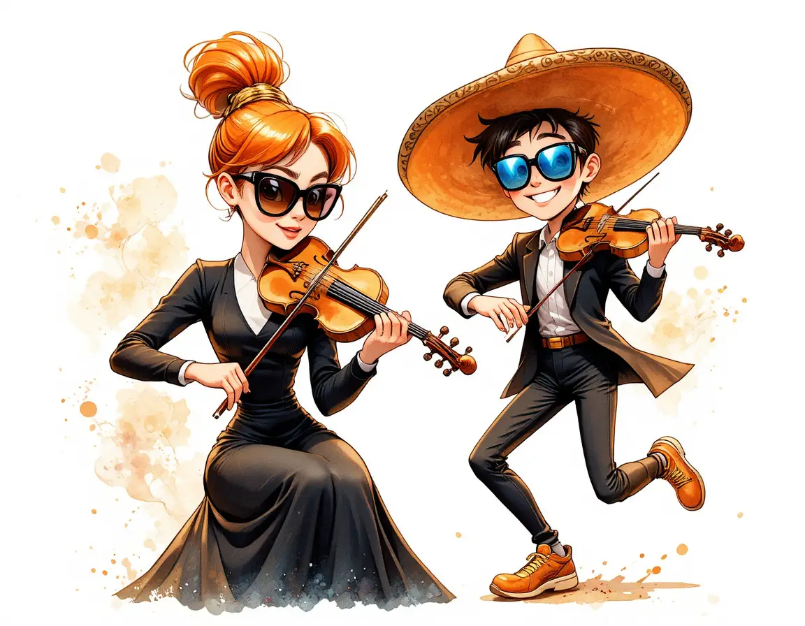 Cartoon duo playing violins with joyful musical energy