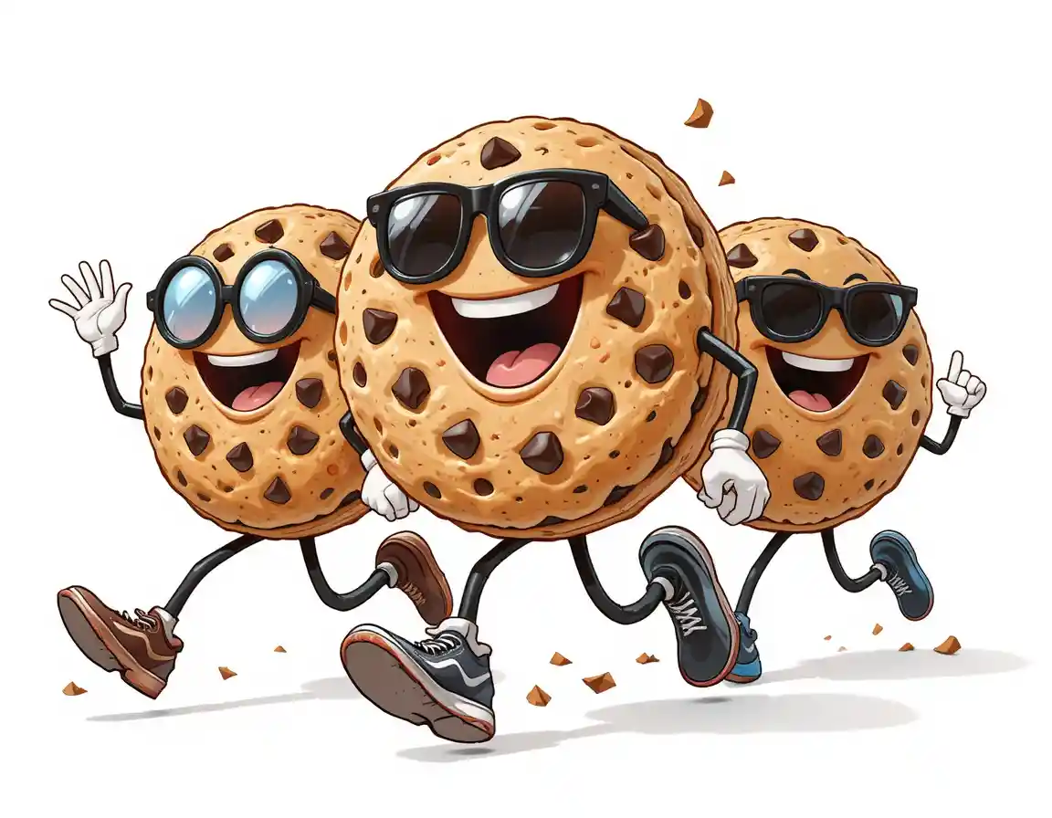 Running cartoon chocolate chip cookies with expressive faces