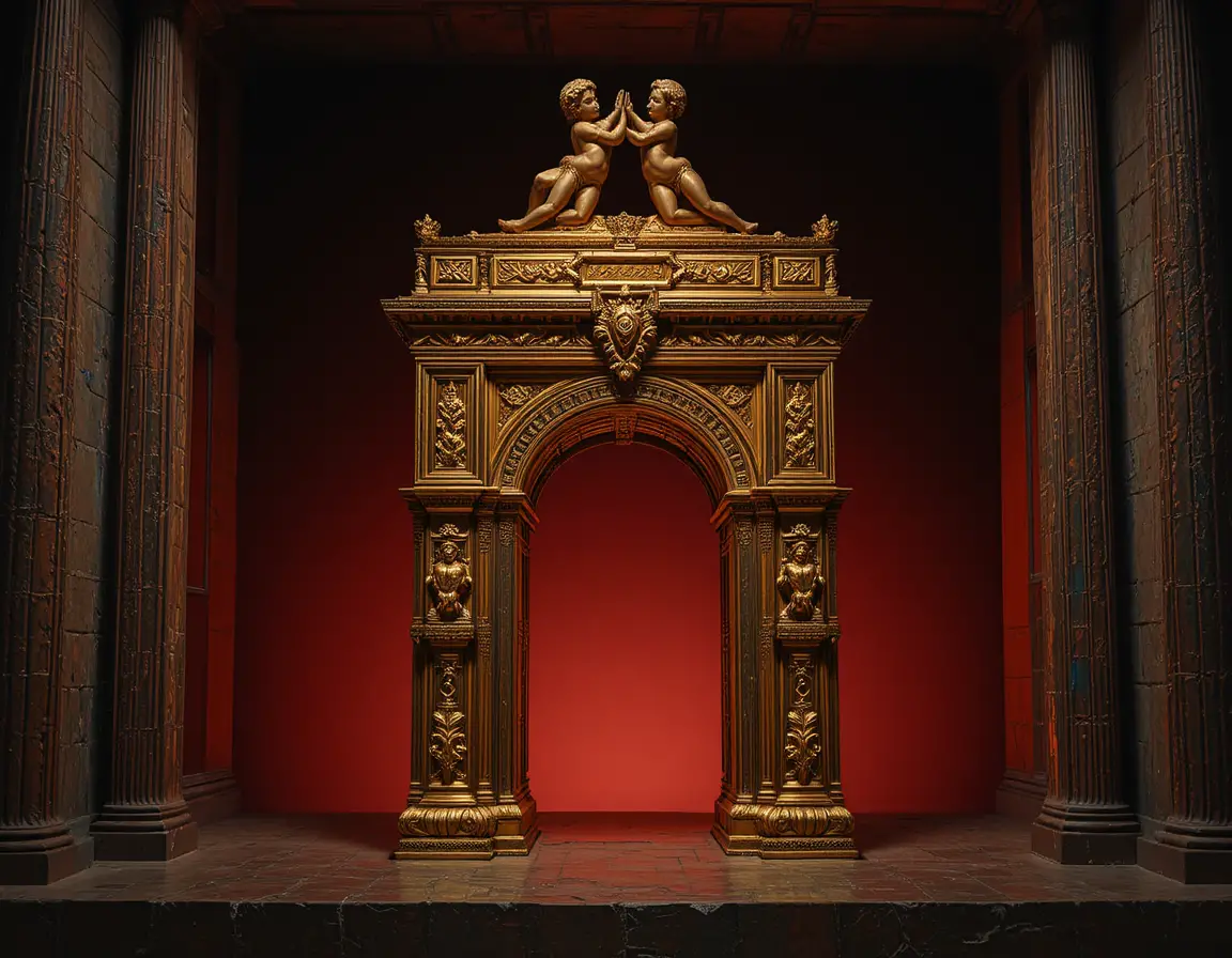 Arca de la Alianza dorada sobre fondo rojo oscuro y dramático