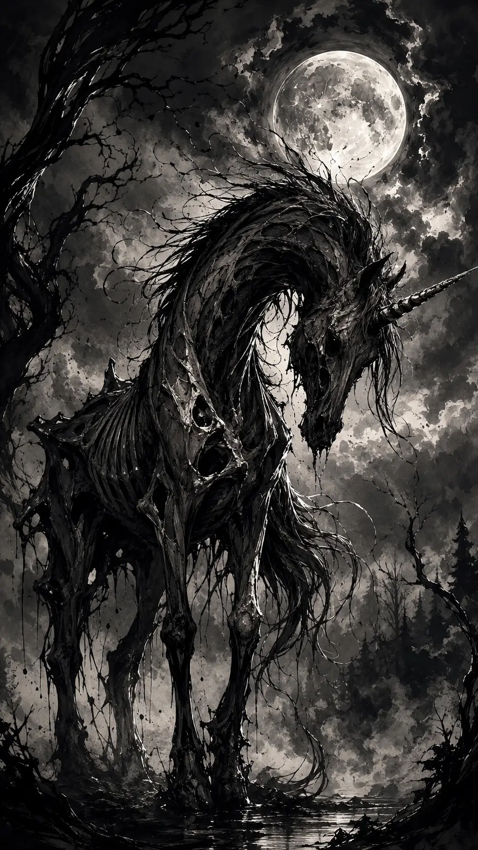 Angular ink drawing with distorted gothic chiaroscuro drama