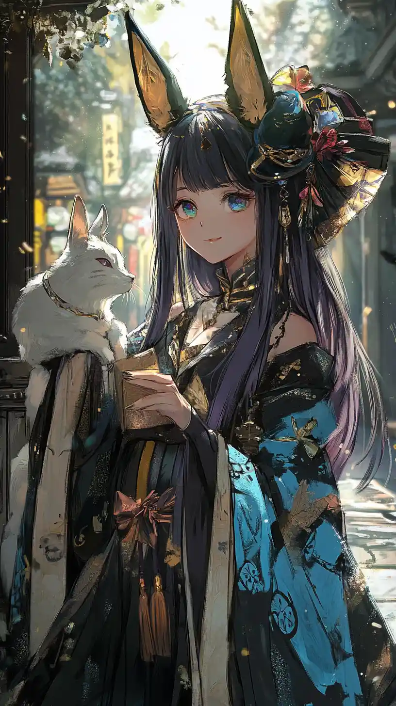 Chica de anime junto a una colosal estatua con túnica bajo una luna cósmica