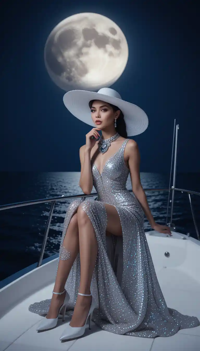 Mujer elegante con vestido plateado en yate bajo la luna llena