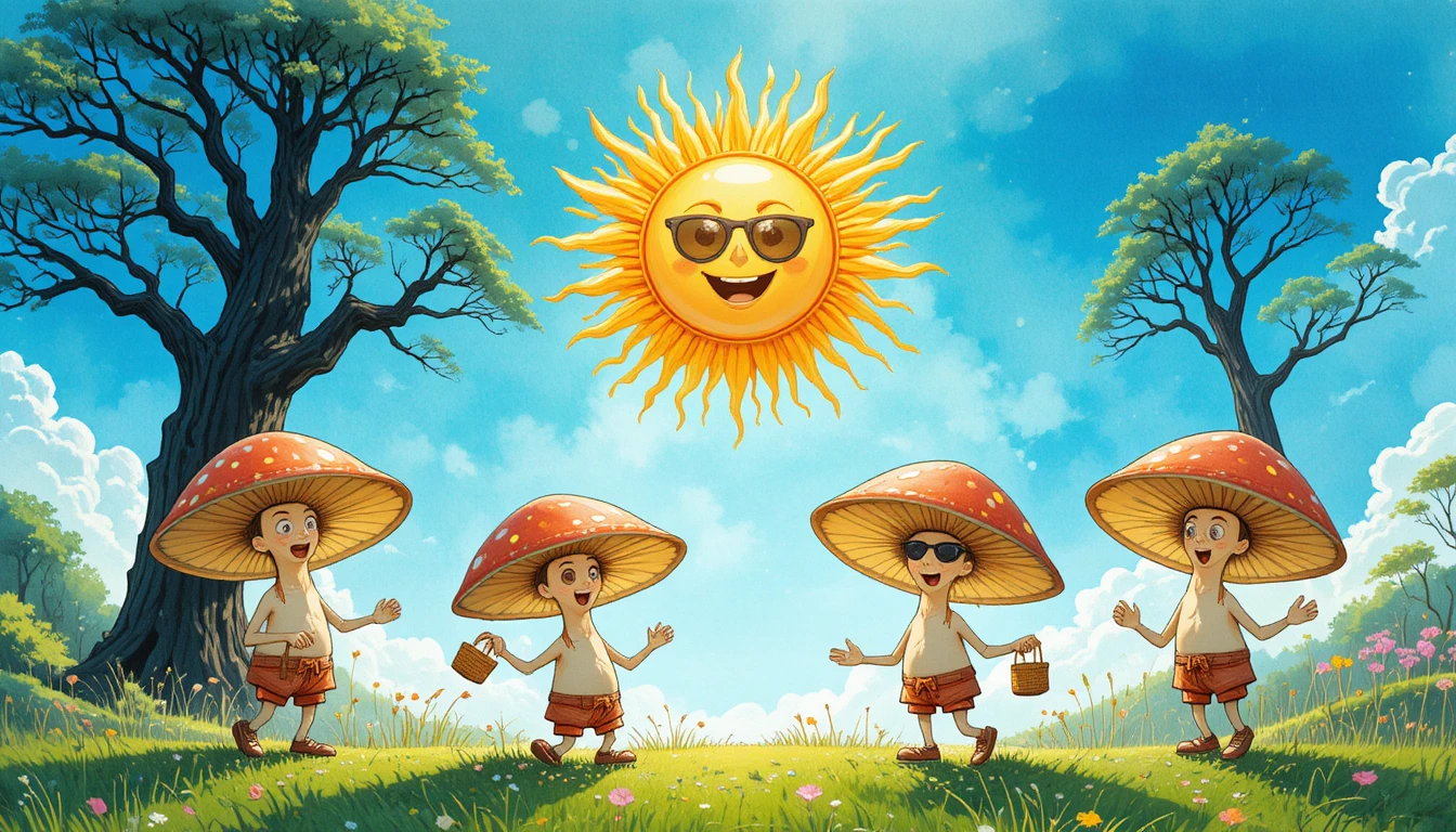 Sol em desenho animado de patins com cogumelos dançantes estilosos