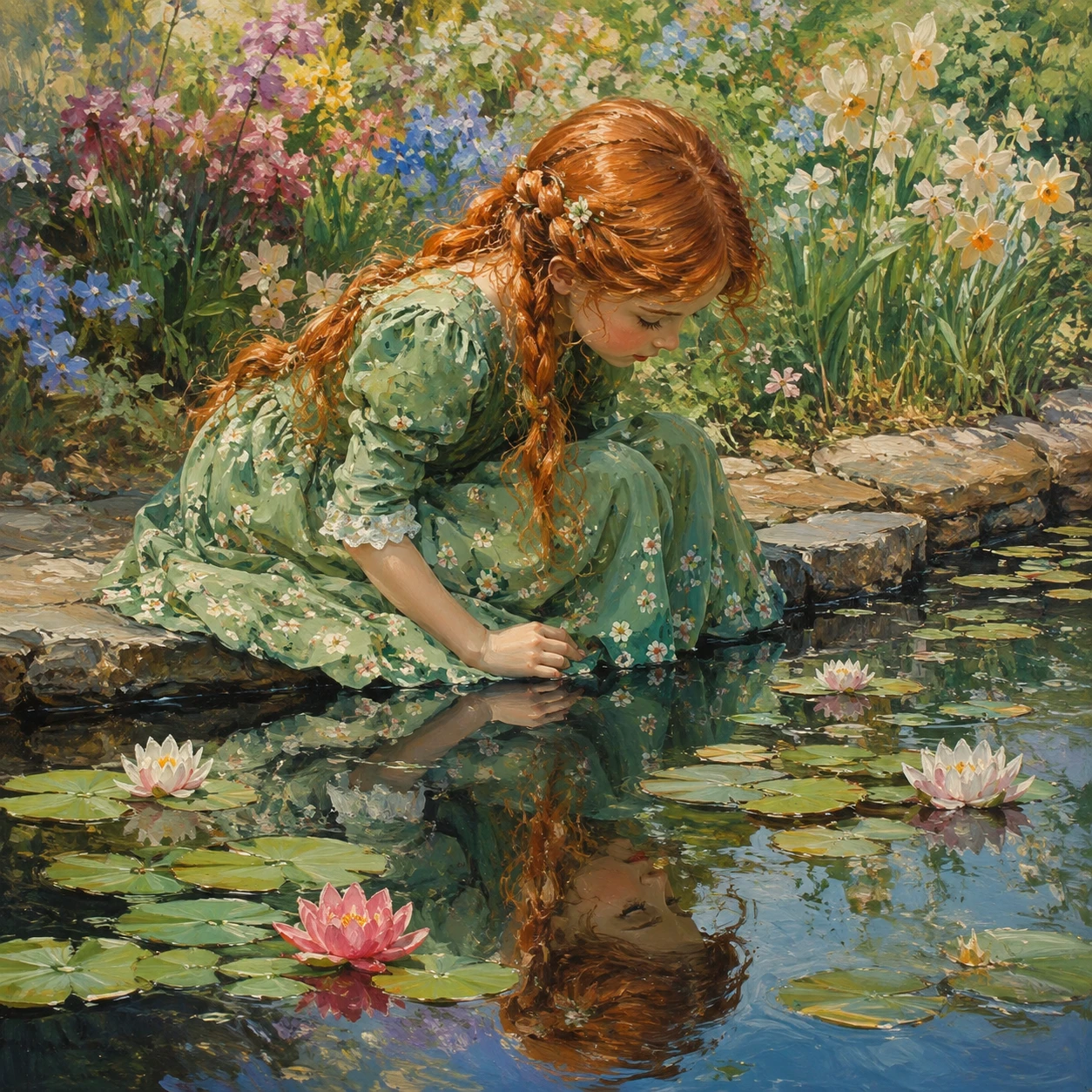 Red haired girl by a pond gazing at her reflection
