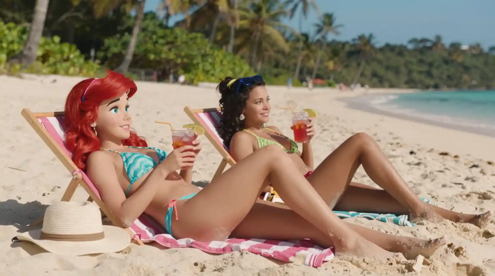 Women relaxing on a sunny tropical beach in bikinis