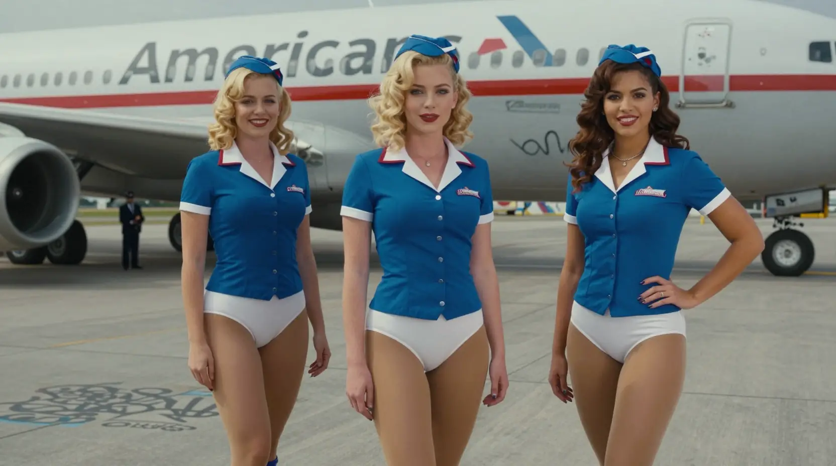 Tres azafatas retro posando junto a un jet en la plataforma del aeropuerto