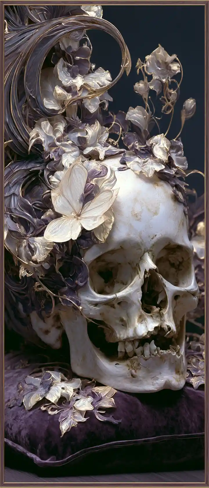 Calavera ornamentada con motivos florales marchitos sobre cojín de terciopelo