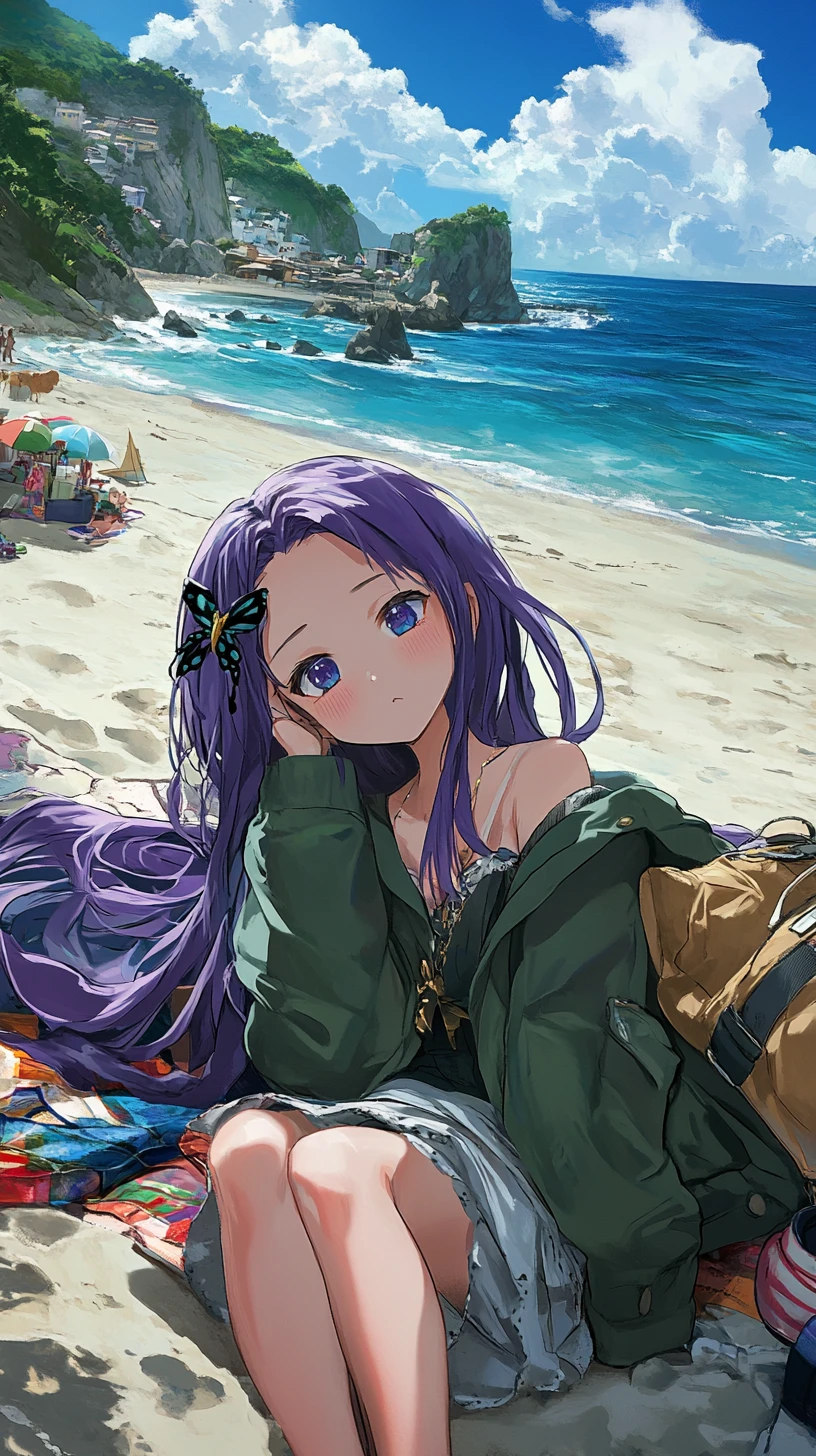 Chica anime relajándose en una toalla colorida junto al mar
