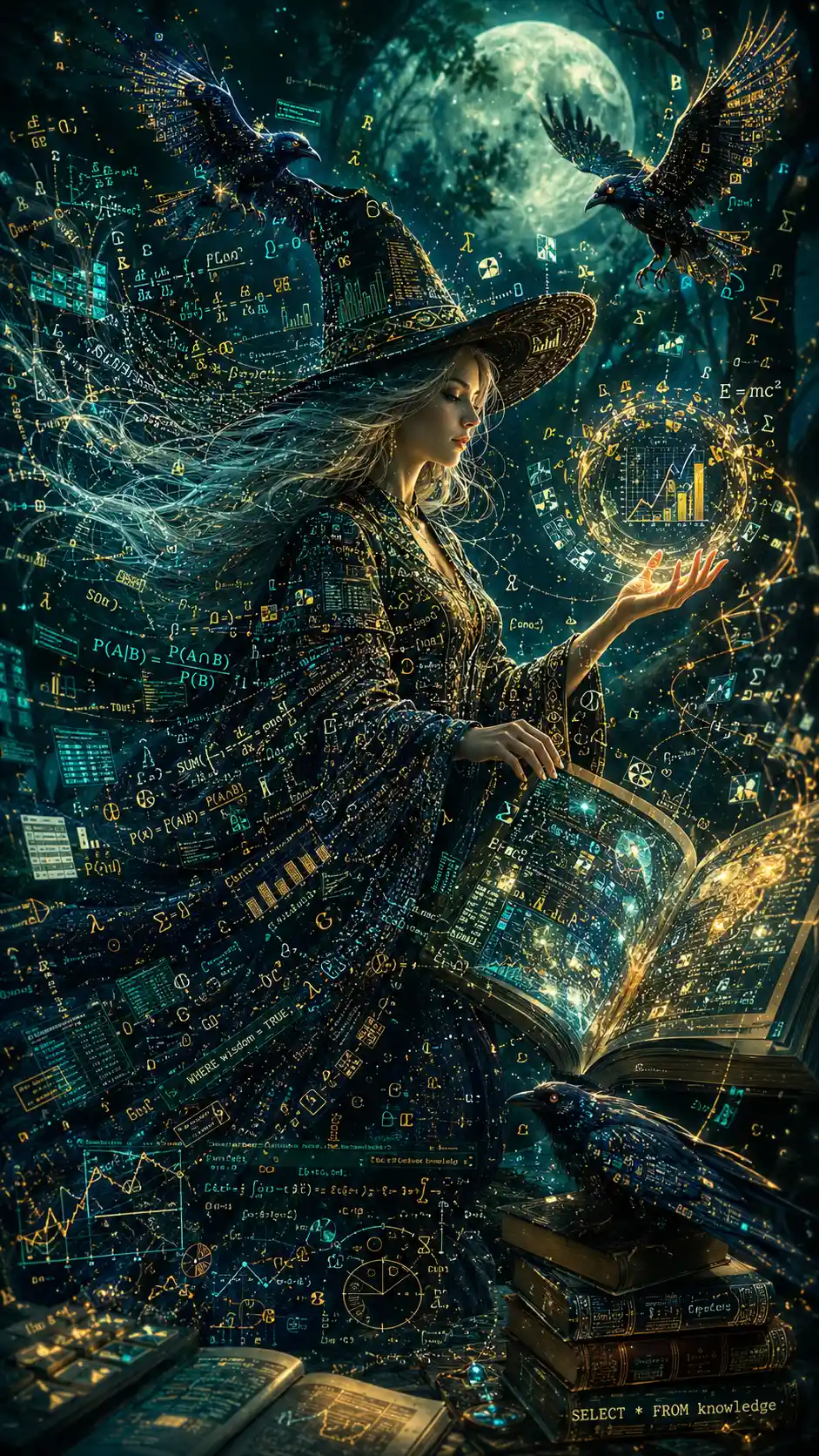 Strega dark fantasy intrecciata da flussi di dati in movimento